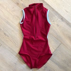 YUMIKO Red Quarter Zip Short Sleeve Leotard, Women’s XS